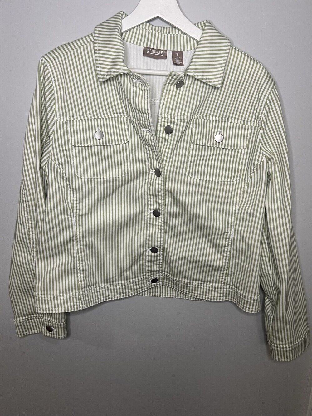 Chico’s Jacket Green And White Striped Size 1 Medium Preppy Classic